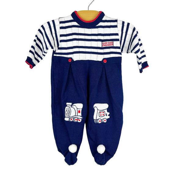 Vintage Glynne Percy Friemanit Train Knit One Piece Romper Size 6 Months - Picture 1 of 9